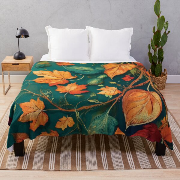 Item preview, TEXTURED TEAL and orange Fall season minimalist maple leaves, Green and burnt orange leaf painting, vintage autumn theme leaves designed and sold by navitalidesign.