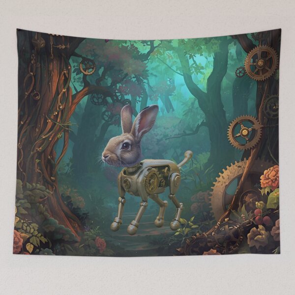 Item preview, Steampunk Cyborg Rabbit – Mechanical Hare in a Forest Backdrop designed and sold by WildPawPrint.