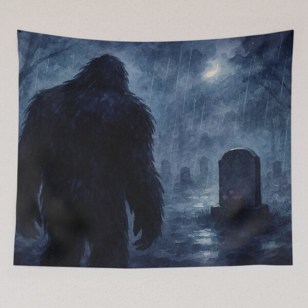 Item preview, Sasquatch Visits an Old Friend's Gravesite in the Rain Watercolor designed and sold by Sarcastic Narwhal.