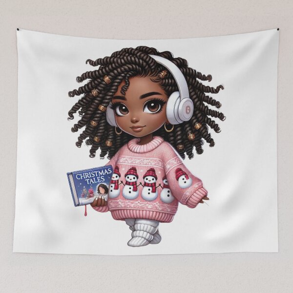 Artikelvorschau, Afro-Weihnachtsmädchen im rosa Pullover mit Buch entworfen und verkauft von Lulunza.