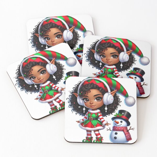 Item preview, Afro Christmas Girl in Elf Outfit with Snowman designed and sold by Lulunza.