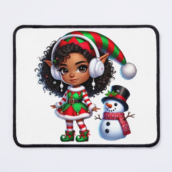 Item preview, Afro Christmas Girl in Elf Outfit with Snowman designed and sold by Lulunza.
