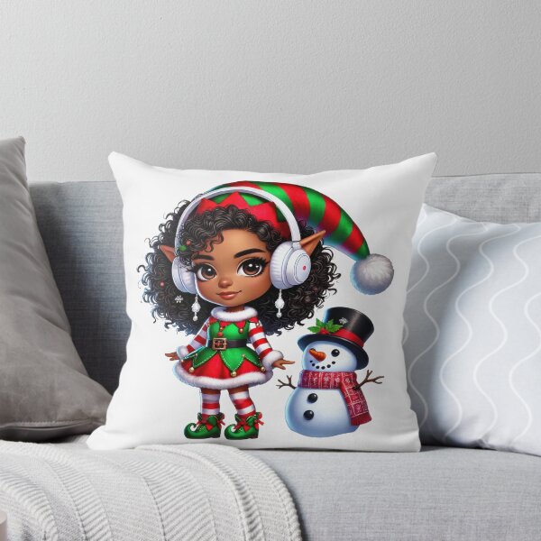 Item preview, Afro Christmas Girl in Elf Outfit with Snowman designed and sold by Lulunza.