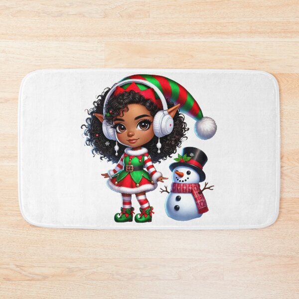 Item preview, Afro Christmas Girl in Elf Outfit with Snowman designed and sold by Lulunza.