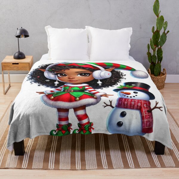 Item preview, Afro Christmas Girl in Elf Outfit with Snowman designed and sold by Lulunza.