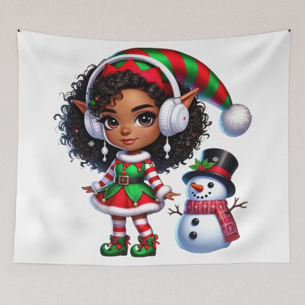 Artikelvorschau, Afro-Weihnachtsmädchen im Elfen-Outfit mit Schneemann entworfen und verkauft von Lulunza.