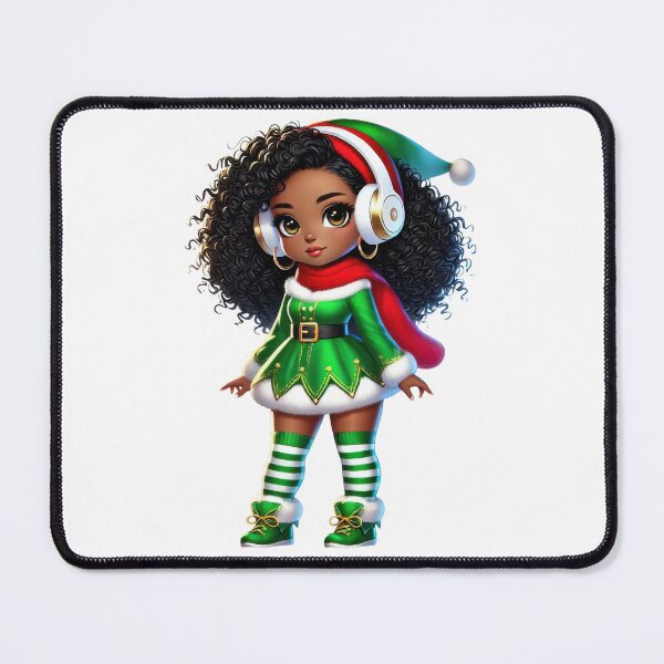 Item preview, Afro Christmas Girl in Green Elf Dress with Headphones designed and sold by Lulunza.