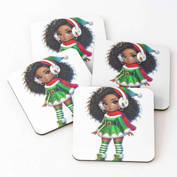 Item preview, Afro Christmas Girl in Green Elf Dress with Headphones designed and sold by Lulunza.
