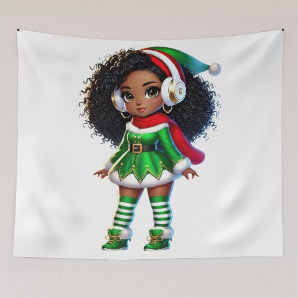 Item preview, Afro Christmas Girl in Green Elf Dress with Headphones designed and sold by Lulunza.