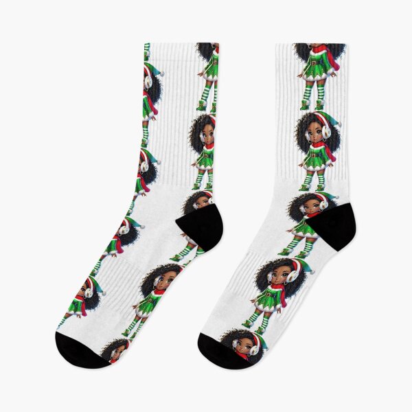 Item preview, Afro Christmas Girl in Green Elf Dress with Headphones designed and sold by Lulunza.