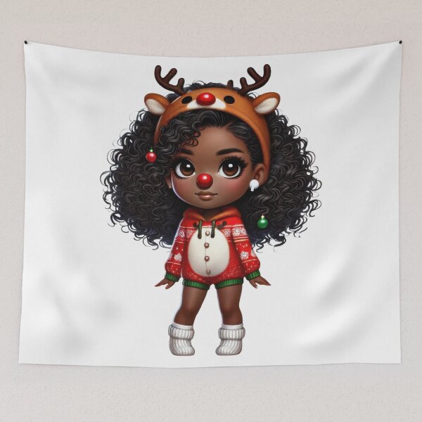 Artikelvorschau, Afro-Weihnachtsmädchen im Rentierkostüm mit roter Nase entworfen und verkauft von Lulunza.