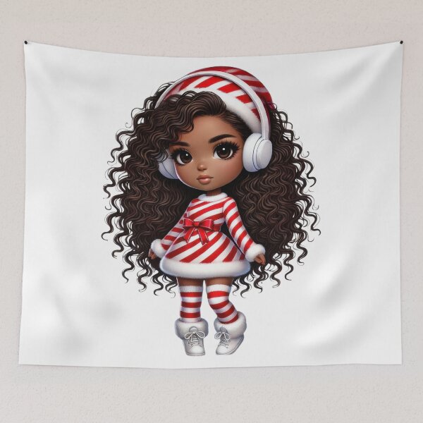 Artikelvorschau, Afro-Weihnachtsmädchen im Zuckerstangen-Outfit mit Kopfhörern entworfen und verkauft von Lulunza.