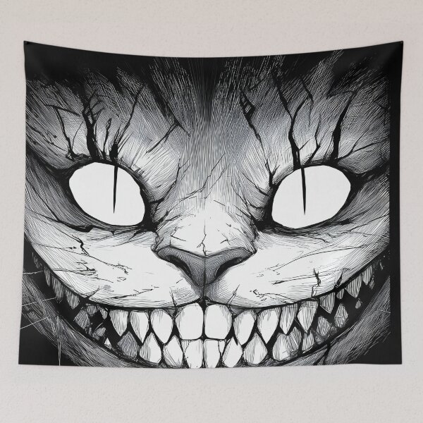 Item preview, Glowing Eyes Horror Cheshire Cat – Monochrome Grinning Feline Illustration designed and sold by Skolyak.