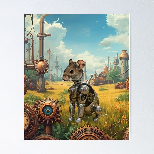 Item preview, Steampunk Cyborg Mouse – Mechanical Rodent in a Field Backdrop designed and sold by WildPawPrint.