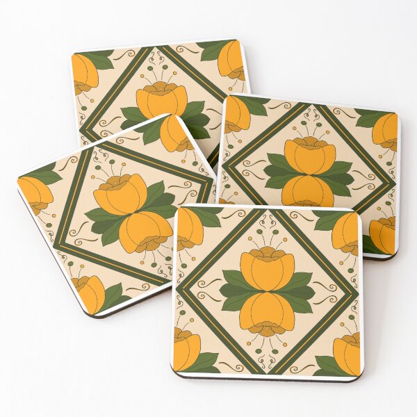 Item preview, Floral Lattice Diamond Tiles - Autumn Orange and Green Abstract Flowers designed and sold by FoxfireAndCo.
