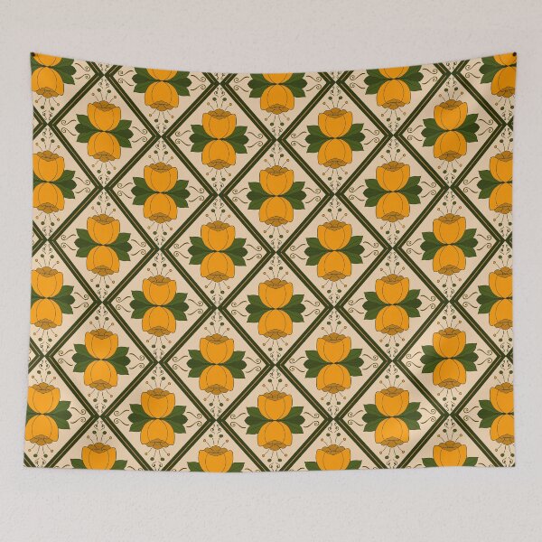 Item preview, Floral Lattice Diamond Tiles - Autumn Orange and Green Abstract Flowers designed and sold by FoxfireAndCo.