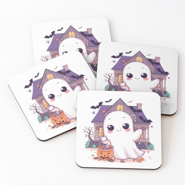Item preview, A cute little ghost are holding pumpkins and walking in front of a house designed and sold by PWDigitalArt.