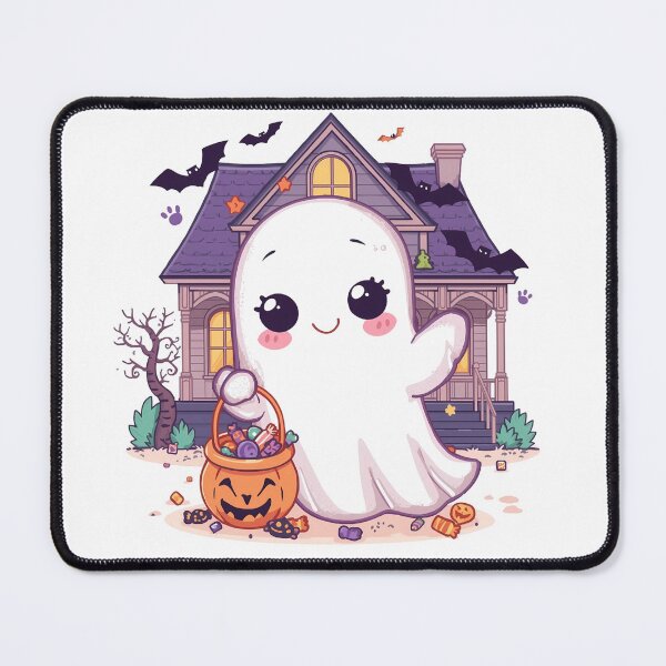 Item preview, A cute little ghost are holding pumpkins and walking in front of a house designed and sold by PWDigitalArt.