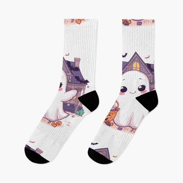 Item preview, A cute little ghost are holding pumpkins and walking in front of a house designed and sold by PWDigitalArt.