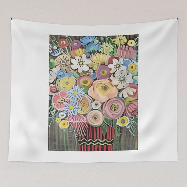 Aperçu de l'œuvre 40 Rainbow Burst Multicolor Florals in Red Striped Vase créée et vendue par SaraCastillo250.