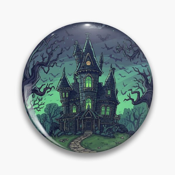 Item preview, A spooky gothic mansion with glowing windows under a dark, cloudy night sky with bats flying around. designed and sold by PWDigitalArt.