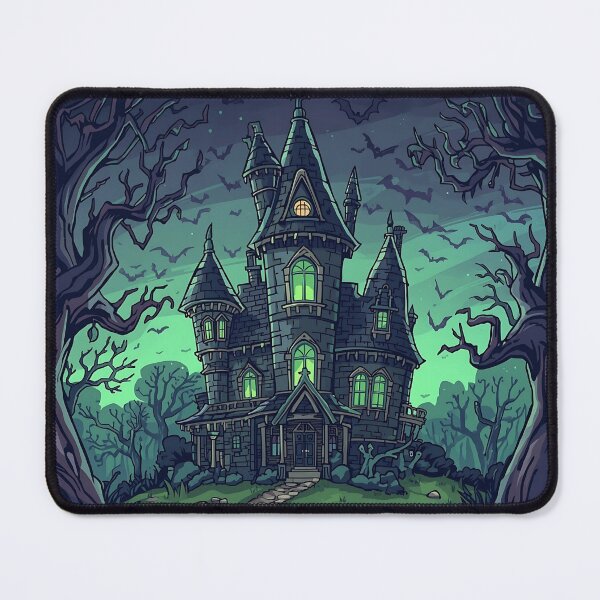 Item preview, A spooky gothic mansion with glowing windows under a dark, cloudy night sky with bats flying around. designed and sold by PWDigitalArt.