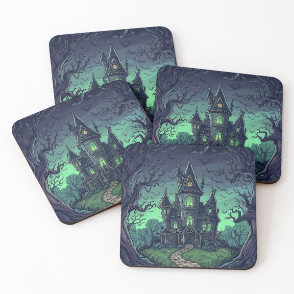 Item preview, A spooky gothic mansion with glowing windows under a dark, cloudy night sky with bats flying around. designed and sold by PWDigitalArt.