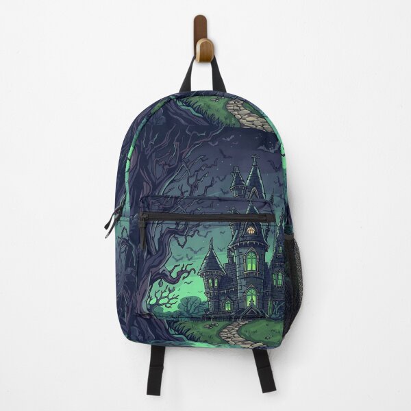 Item preview, A spooky gothic mansion with glowing windows under a dark, cloudy night sky with bats flying around. designed and sold by PWDigitalArt.