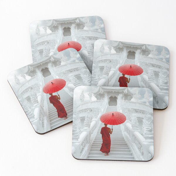 Item preview, Monk with Red Umbrella at White Temple Steps designed and sold by Artessie.