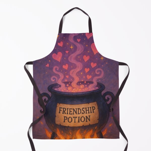 Item preview, A whimsical illustration of a cauldron labeled "FRIENDSHIP POTION" bubbling with pink steam and floating hearts under a starry sky designed and sold by homydesign.