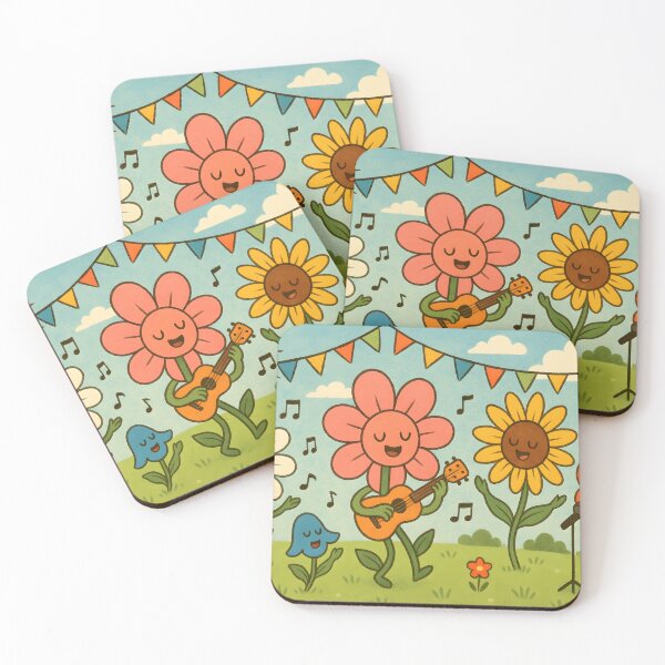 Item preview, A joyful, whimsical illustration of happy flowers with faces and arms, singing and playing a guitar under a sunny sky designed and sold by homydesign.