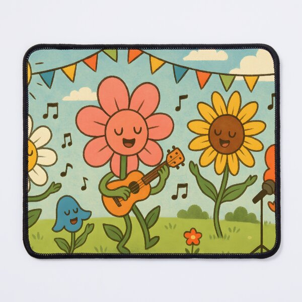 Item preview, A joyful, whimsical illustration of happy flowers with faces and arms, singing and playing a guitar under a sunny sky designed and sold by homydesign.