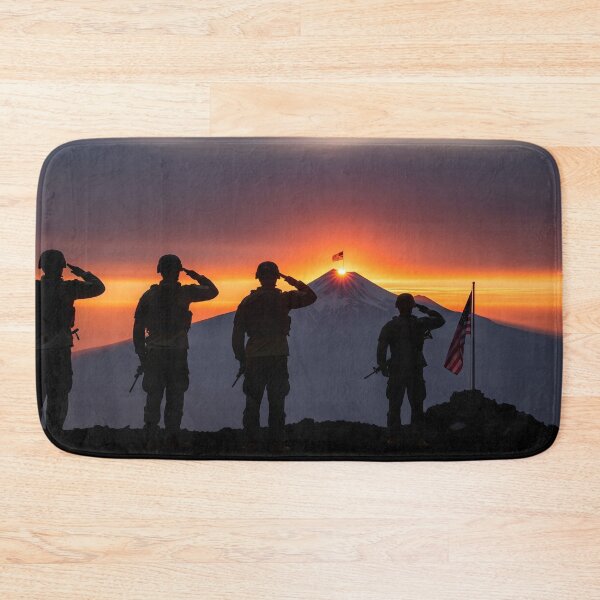 Item preview, A group of four silhouetted soldiers, in their 20s, with proud and solemn expressions, stand on a mountain top saluting as a flag flies at sunset designed and sold by homydesign.