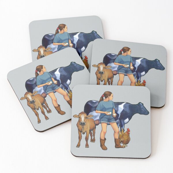Item preview, FARM Girl with Calf, Cow, Chicken and Eggs, Hand Drawn Illustration designed and sold by JoyfulWhimsy.