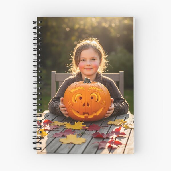 Item preview, A cheerful young girl with rosy cheeks is happily holding a carved pumpkin at a wooden table covered in fallen autumn leaves designed and sold by homydesign.