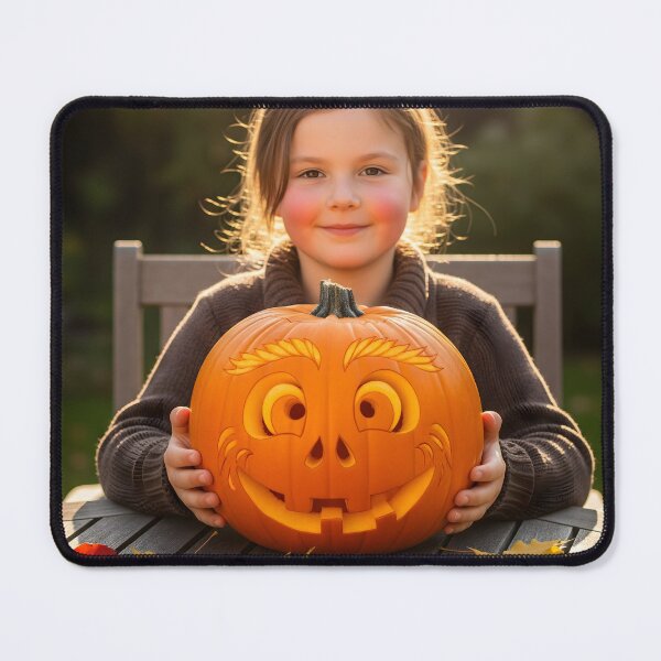 Item preview, A cheerful young girl with rosy cheeks is happily holding a carved pumpkin at a wooden table covered in fallen autumn leaves designed and sold by homydesign.
