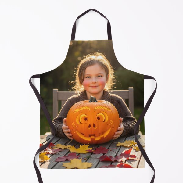 Item preview, A cheerful young girl with rosy cheeks is happily holding a carved pumpkin at a wooden table covered in fallen autumn leaves designed and sold by homydesign.