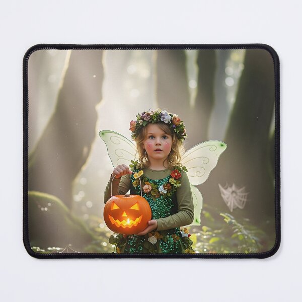 Item preview, A young female child, dressed as a magical fairy with a flower crown and wings, holds a glowing jack-o'-lantern in a sunlit, ethereal forest, looking surprised designed and sold by homydesign.