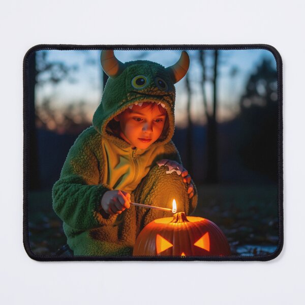 Item preview, A young child, appearing fascinated and curious, in a green monster costume lights a carved pumpkin in a yard at dusk, creating a magical feeling designed and sold by homydesign.
