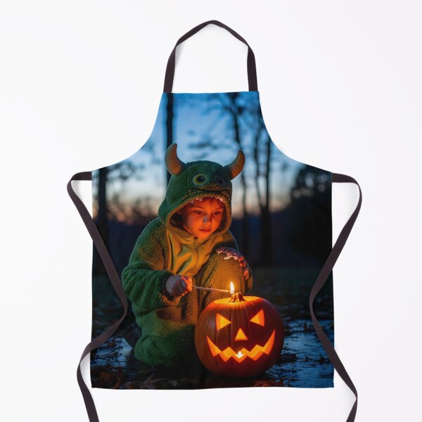 Item preview, A young child, appearing fascinated and curious, in a green monster costume lights a carved pumpkin in a yard at dusk, creating a magical feeling designed and sold by homydesign.