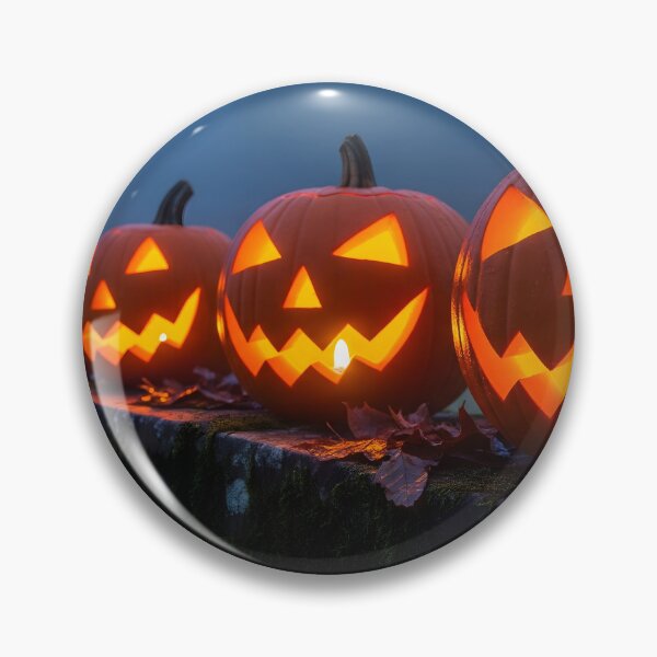 Item preview, A line of glowing carved pumpkins sits on a mossy stone wall on a foggy, dark night, creating a spooky and atmospheric scene designed and sold by homydesign.