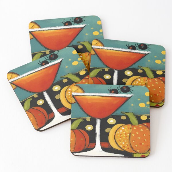 Item preview, Festive Halloween Cocktail with Lemon Slice Spider Garnishes Flanked by Pumpkins designed and sold by OlfactoART Studio.