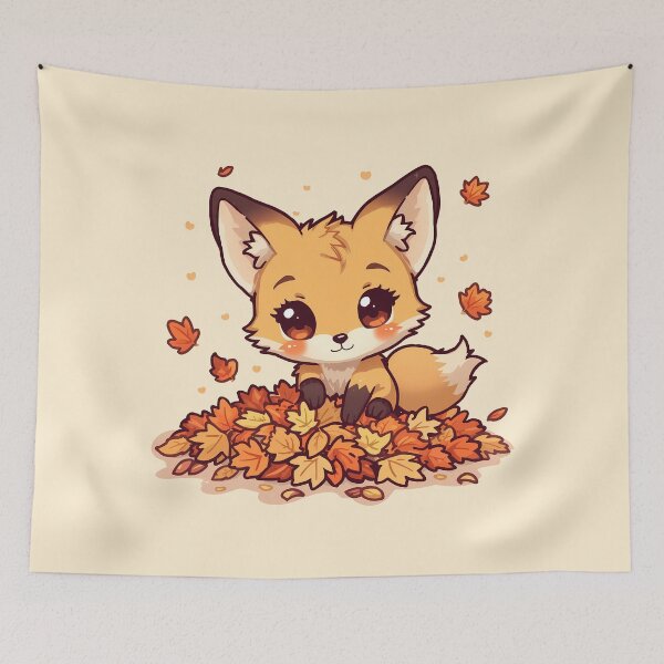 Item preview, Chibi Kawaii Fox Playing in Autumn Leaves | Cute Cozy Fall Art designed and sold by PawxelArt.