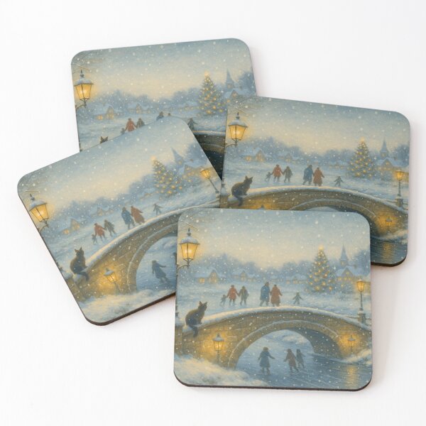 Item preview, Snowy Bridge with Lanterns – Winter Skating Village Scene designed and sold by Meandmyshop.