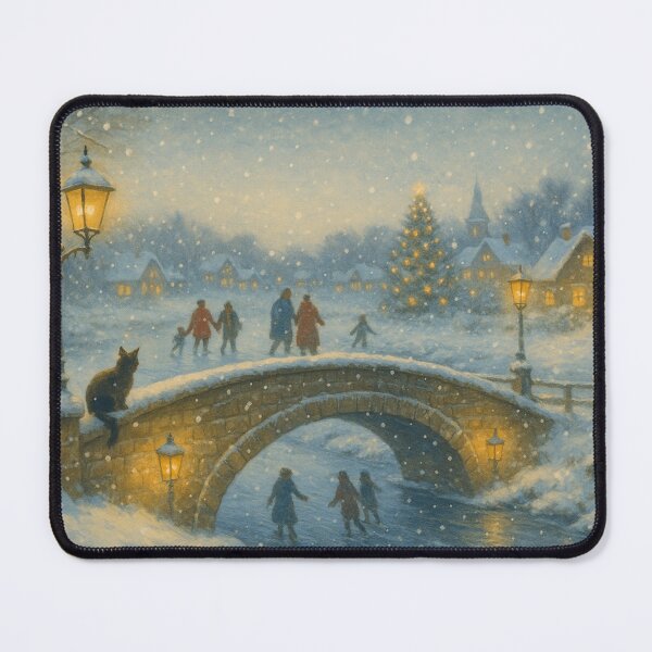 Item preview, Snowy Bridge with Lanterns – Winter Skating Village Scene designed and sold by Meandmyshop.