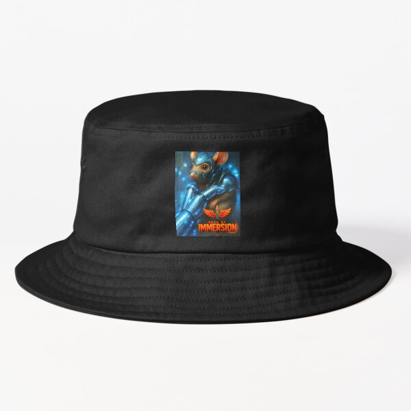 Bucket and baseball hats by iServalan featuring futuristic designs from The Book of Immersion series — neon symbols and sci-fi patterns.