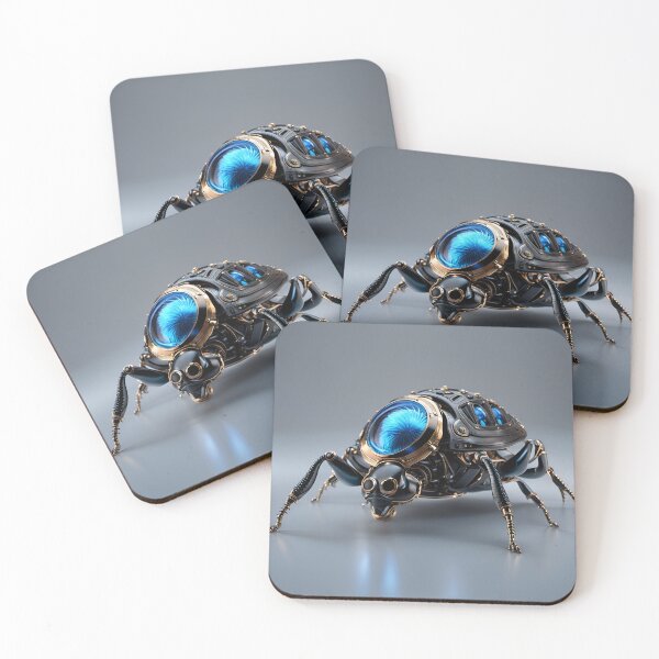 Item preview, Black Gold Mechanical Flea Robot - Cyberpunk Blue Eye Insect Art designed and sold by Peter Kraaibeek Art Gallery.