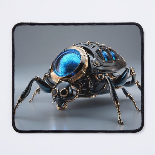 Item preview, Black Gold Mechanical Flea Robot - Cyberpunk Blue Eye Insect Art designed and sold by Peter Kraaibeek Art Gallery.