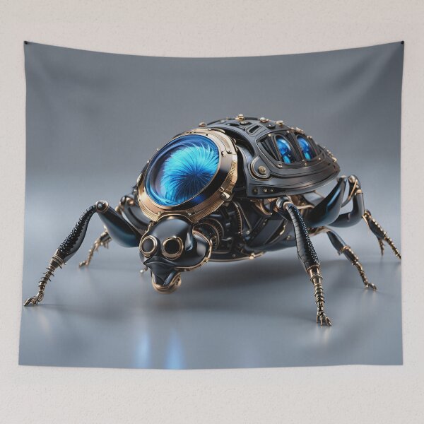 Item preview, Black Gold Mechanical Flea Robot - Cyberpunk Blue Eye Insect Art designed and sold by Peter Kraaibeek Art Gallery.
