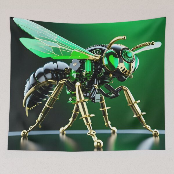 Item preview, Green Chrome Mechanical Wasp Robot - Steampunk Cyberpunk Insect Art designed and sold by Peter Kraaibeek Art Gallery.